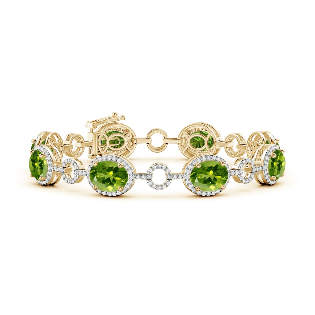 9x7mm AAAA Oval Peridot Halo Open Circle Link Bracelet in Yellow Gold