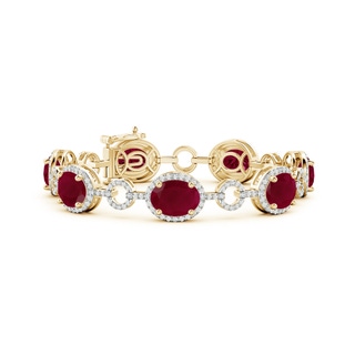 10x8mm A Oval Ruby Halo Open Circle Link Bracelet in 10K Yellow Gold