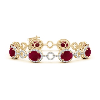 9x7mm A Oval Ruby Halo Open Circle Link Bracelet in 10K Yellow Gold