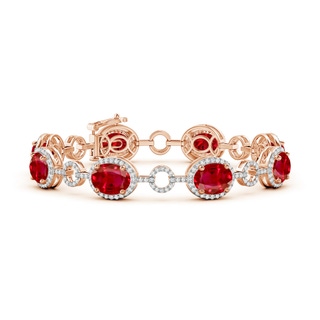 9x7mm AAA Oval Ruby Halo Open Circle Link Bracelet in 9K Rose Gold