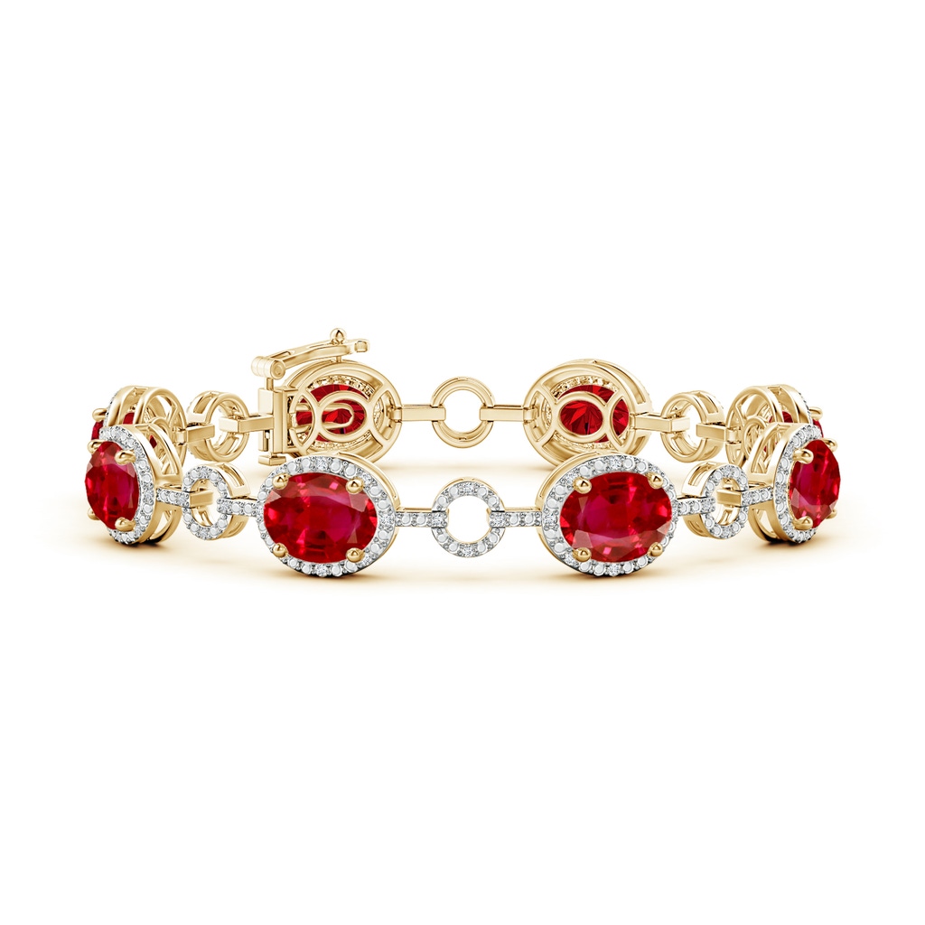 9x7mm AAA Oval Ruby Halo Open Circle Link Bracelet in Yellow Gold 