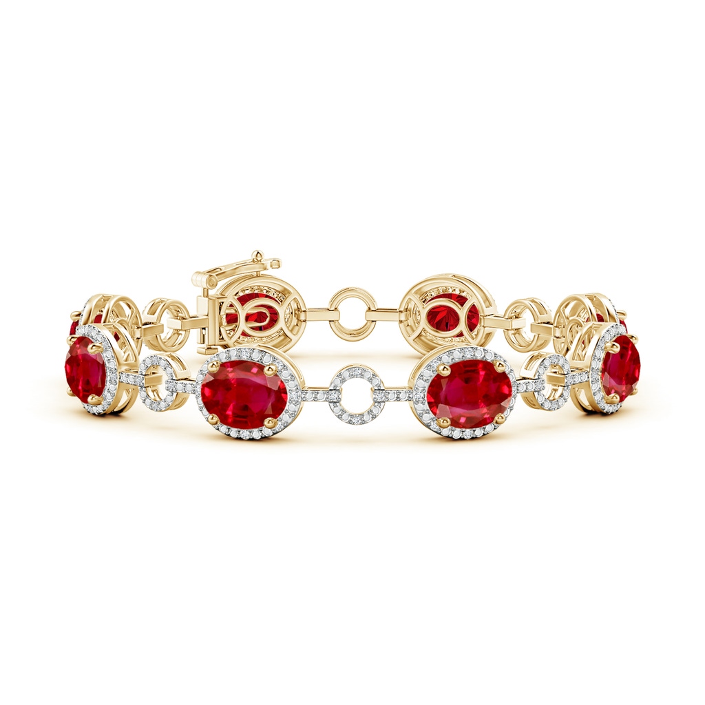 9x7mm AAA Oval Ruby Halo Open Circle Link Bracelet in Yellow Gold