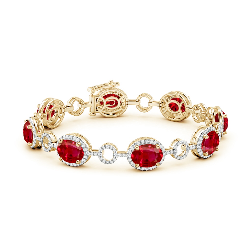 9x7mm AAA Oval Ruby Halo Open Circle Link Bracelet in Yellow Gold Side 199