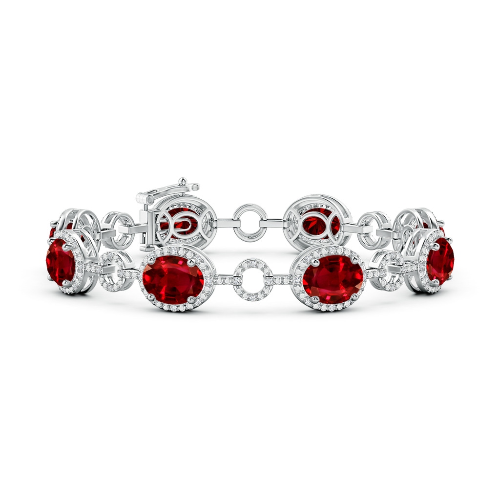 9x7mm AAAA Oval Ruby Halo Open Circle Link Bracelet in S999 Silver