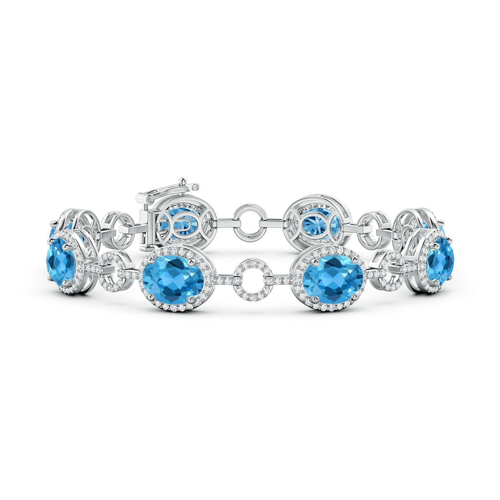 9x7mm AAA Oval Swiss Blue Topaz Halo Open Circle Link Bracelet in White Gold