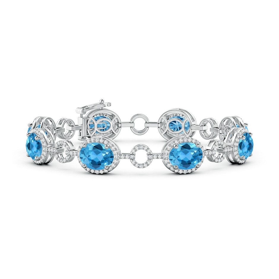 9x7mm AAA Oval Swiss Blue Topaz Halo Open Circle Link Bracelet in White Gold 