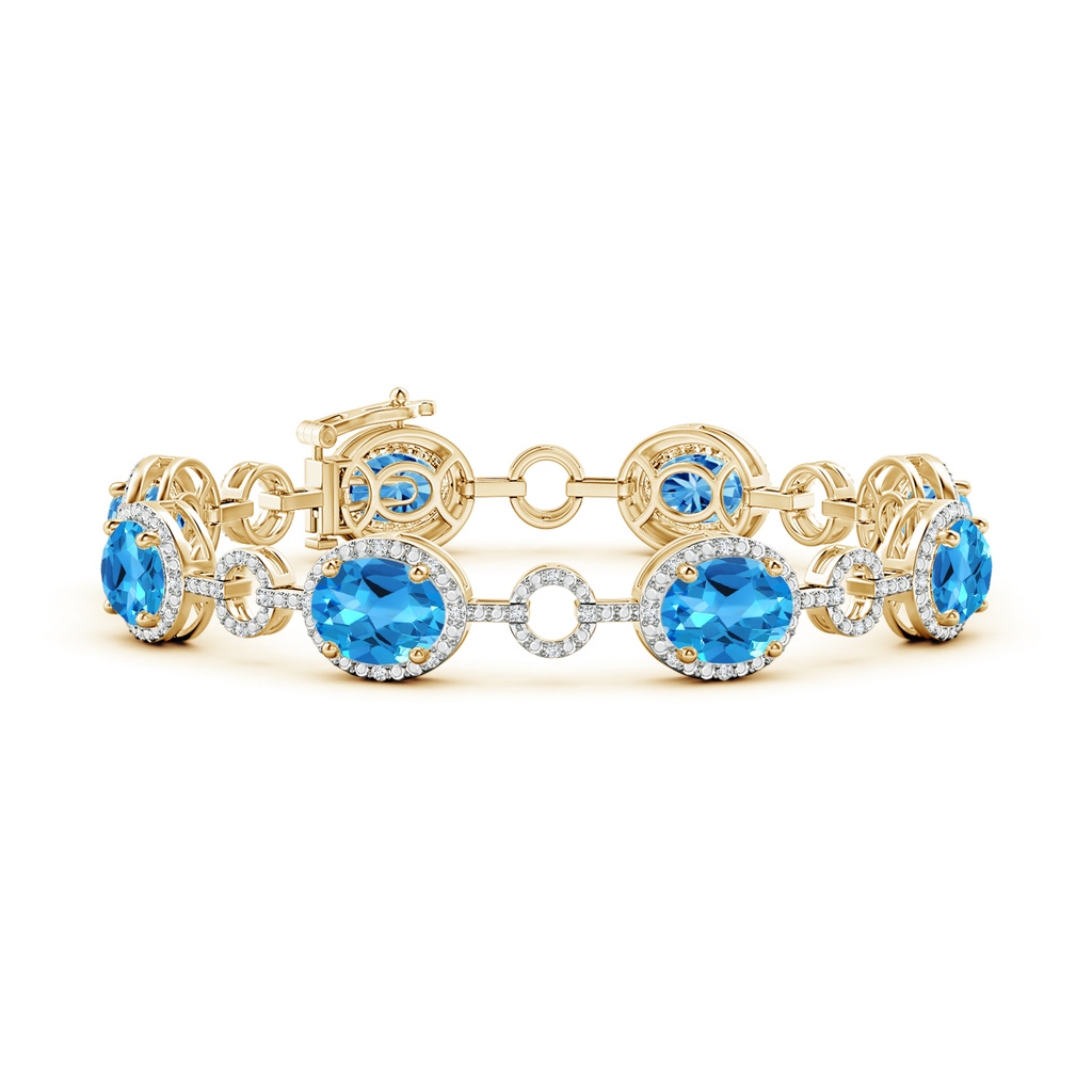 9x7mm AAAA Oval Swiss Blue Topaz Halo Open Circle Link Bracelet in Yellow Gold