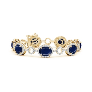10x8mm A Oval Blue Sapphire Halo Open Circle Link Bracelet in 10K Yellow Gold
