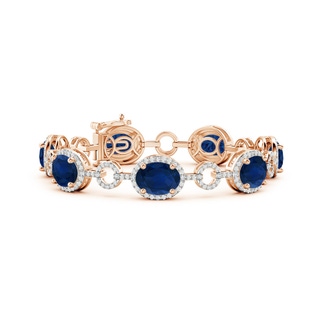 10x8mm AA Oval Blue Sapphire Halo Open Circle Link Bracelet in 9K Rose Gold