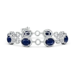 9x7mm A Oval Blue Sapphire Halo Open Circle Link Bracelet in White Gold