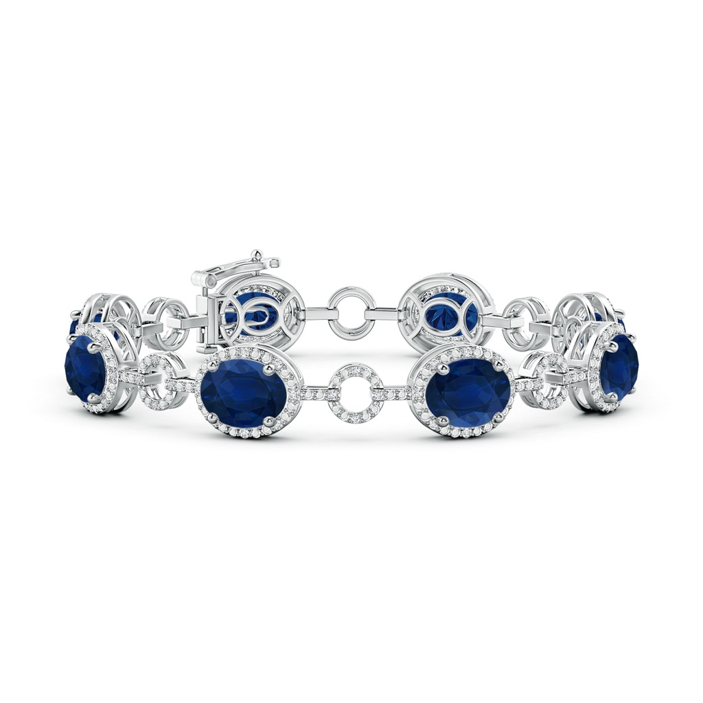 9x7mm AA Oval Blue Sapphire Halo Open Circle Link Bracelet in White Gold