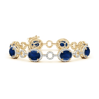 9x7mm AA Oval Blue Sapphire Halo Open Circle Link Bracelet in Yellow Gold