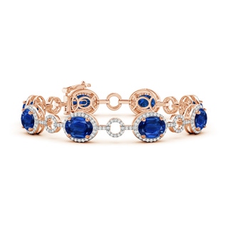 9x7mm AAA Oval Blue Sapphire Halo Open Circle Link Bracelet in Rose Gold