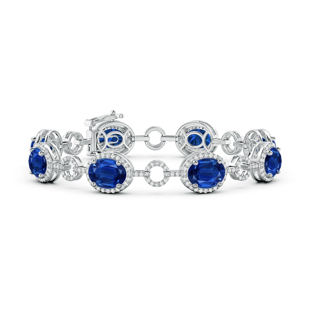 9x7mm AAA Oval Blue Sapphire Halo Open Circle Link Bracelet in White Gold