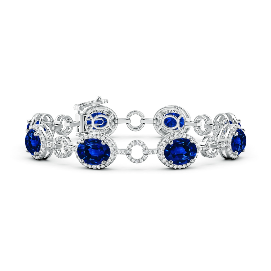 9x7mm AAAA Oval Blue Sapphire Halo Open Circle Link Bracelet in S999 Silver