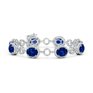 9x7mm Lab-Grown Oval Blue Sapphire Halo Open Circle Link Bracelet in White Gold