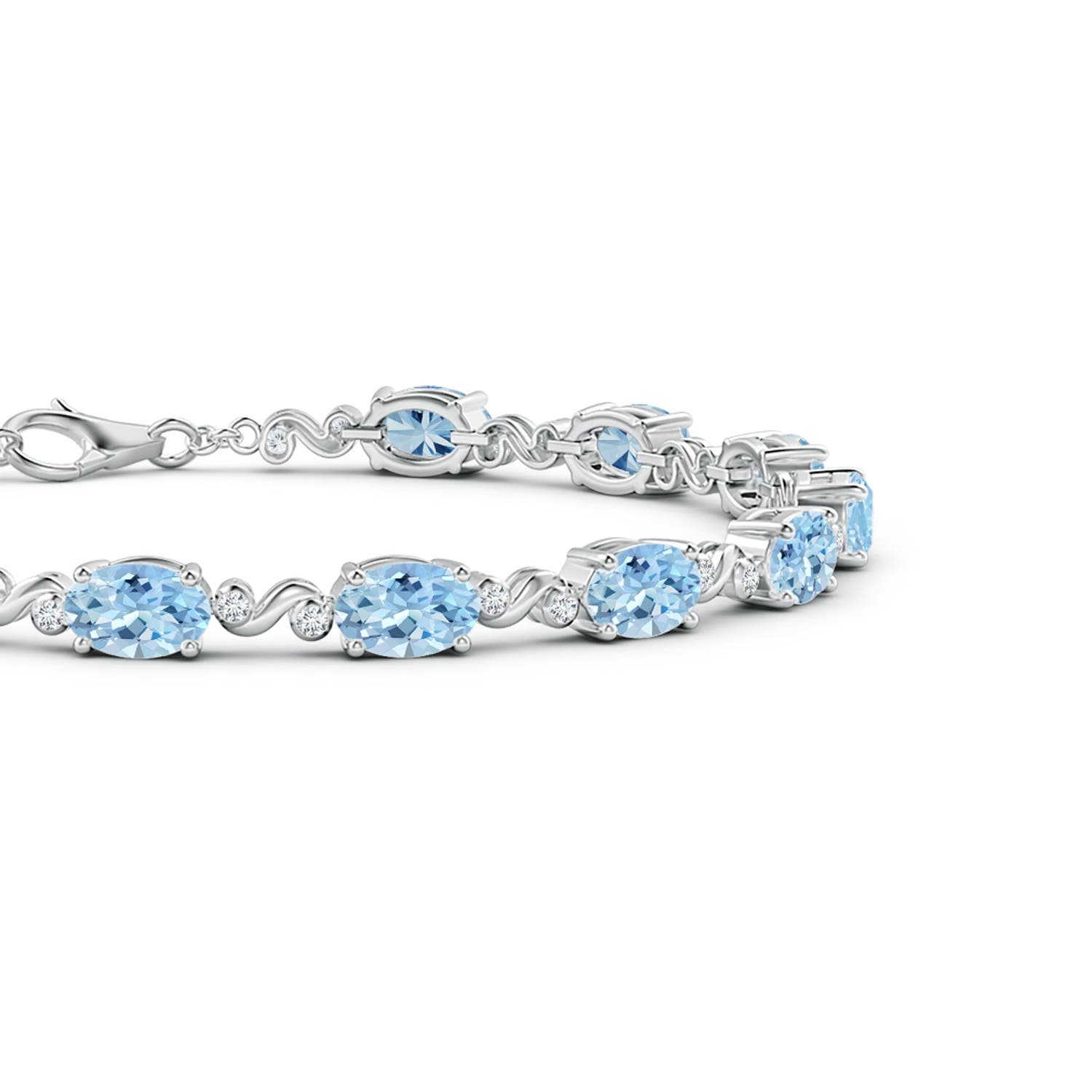 6x4mm AAA Oval Aquamarine Swirl Bracelet with Bezel Diamonds in White Gold - side 1
