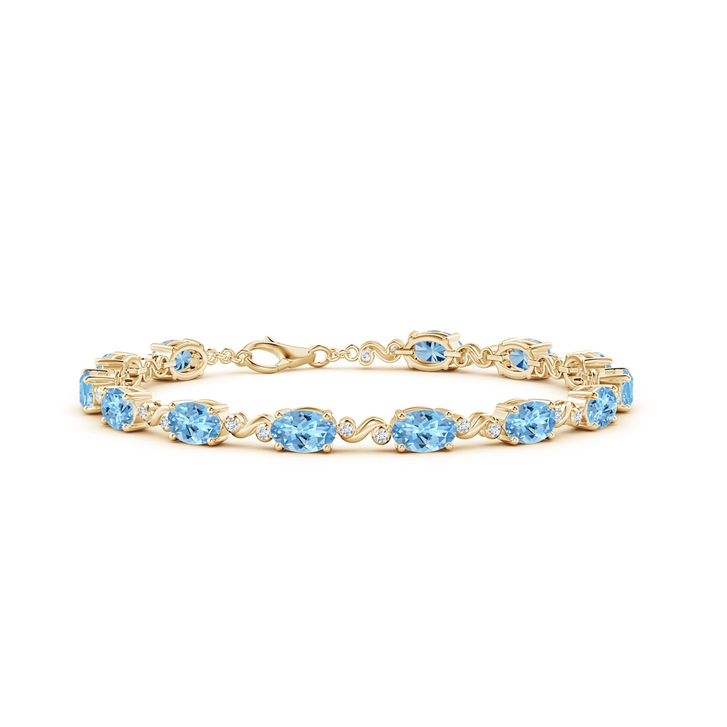 6x4mm AAAA Oval Aquamarine Swirl Bracelet with Bezel Diamonds in Yellow Gold