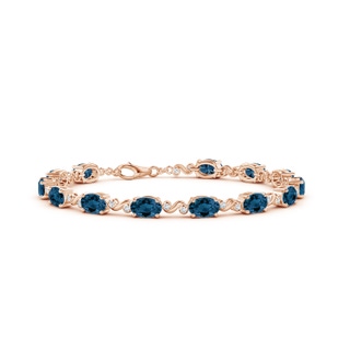 6x4mm AAA Oval London Blue Topaz Swirl Bracelet with Bezel Diamonds in Rose Gold