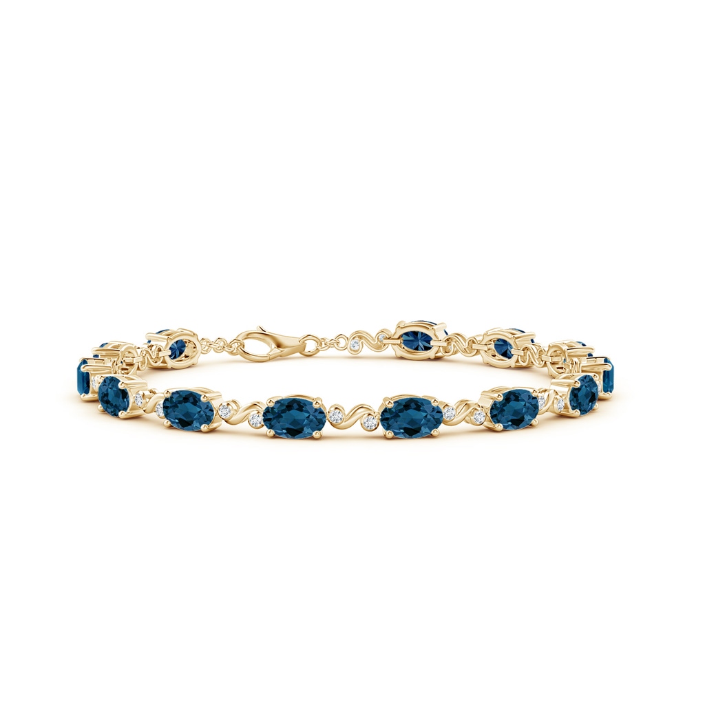 6x4mm AAAA Oval London Blue Topaz Swirl Bracelet with Bezel Diamonds in Yellow Gold