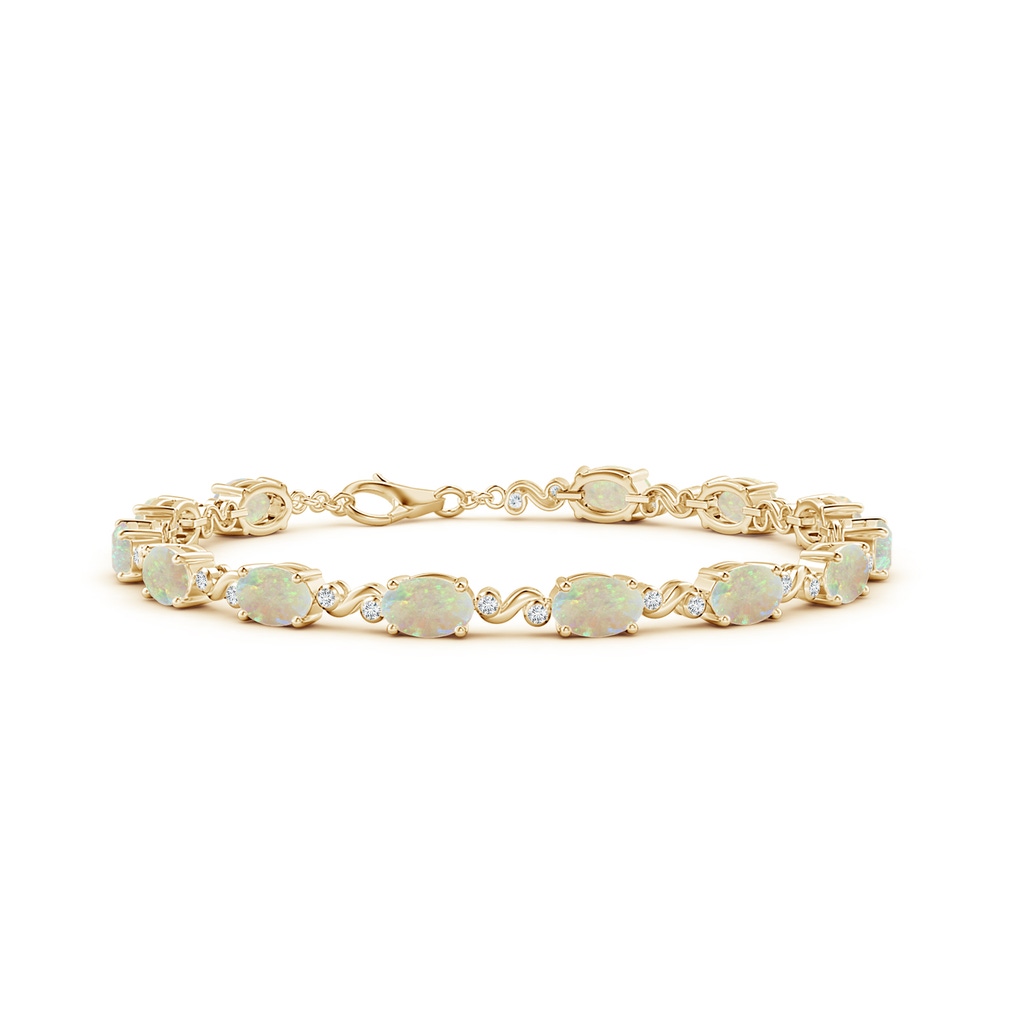 6x4mm AAA Oval Opal Swirl Bracelet with Bezel Diamonds in Yellow Gold