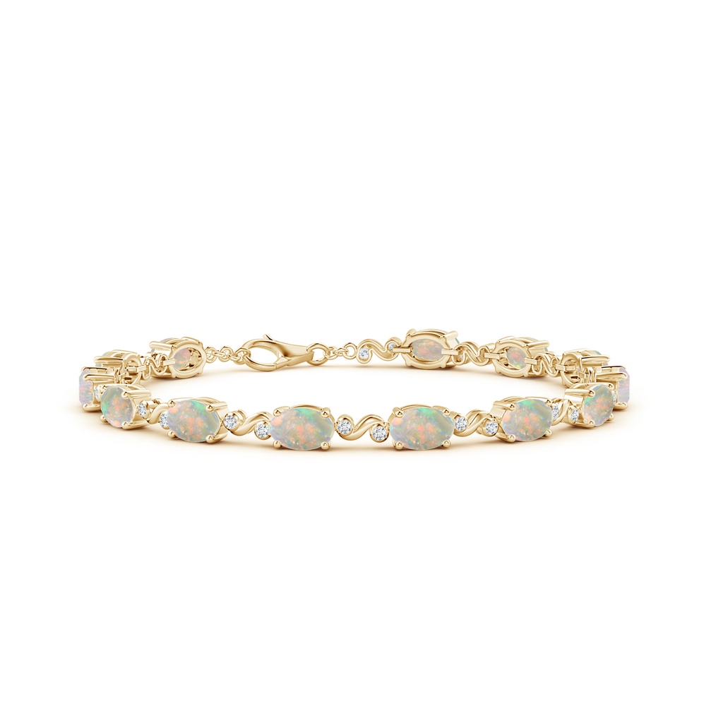 6x4mm AAAA Oval Opal Swirl Bracelet with Bezel Diamonds in Yellow Gold