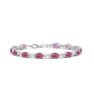 6x4mm AAA Oval Pink Tourmaline Swirl Bracelet with Bezel Diamonds in White Gold