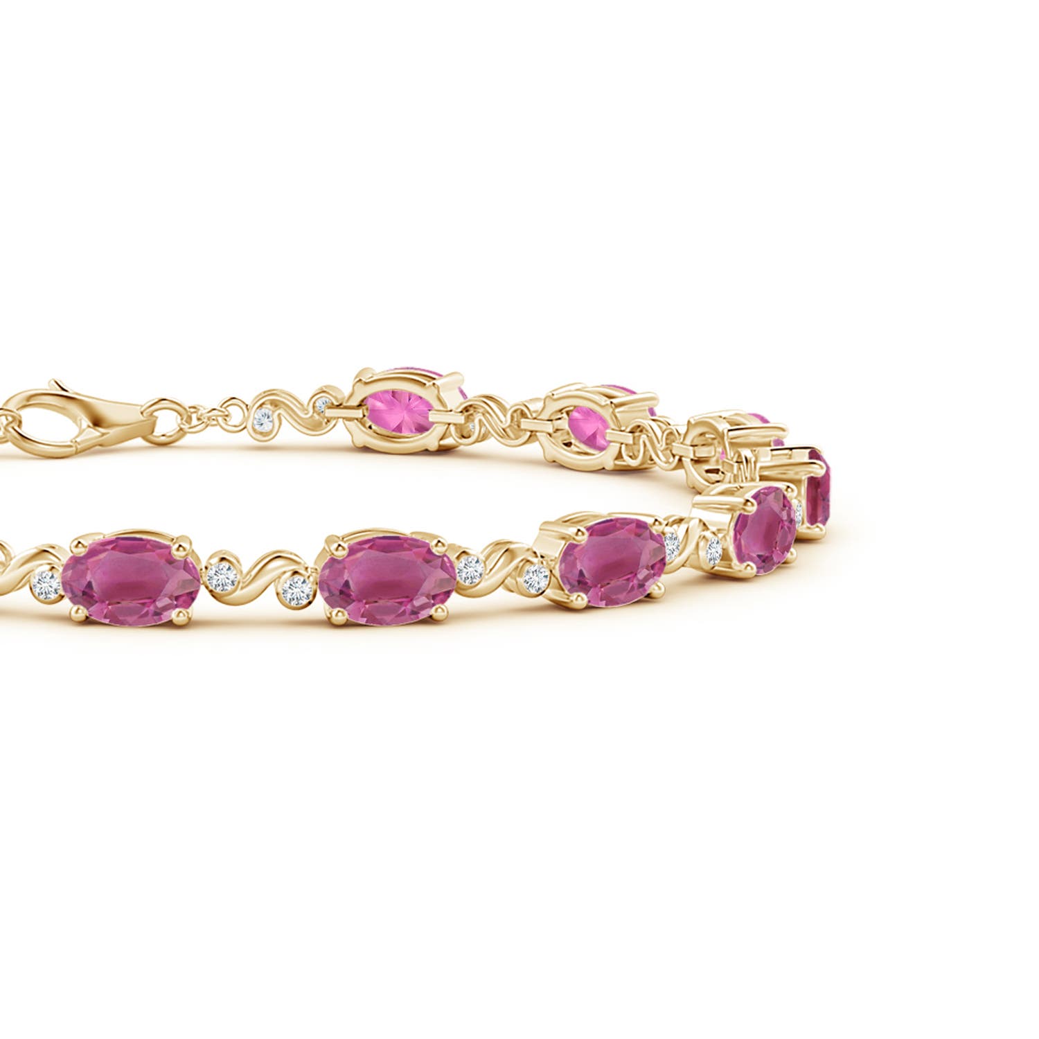 6x4mm AAA Oval Pink Tourmaline Swirl Bracelet with Bezel Diamonds in Yellow Gold