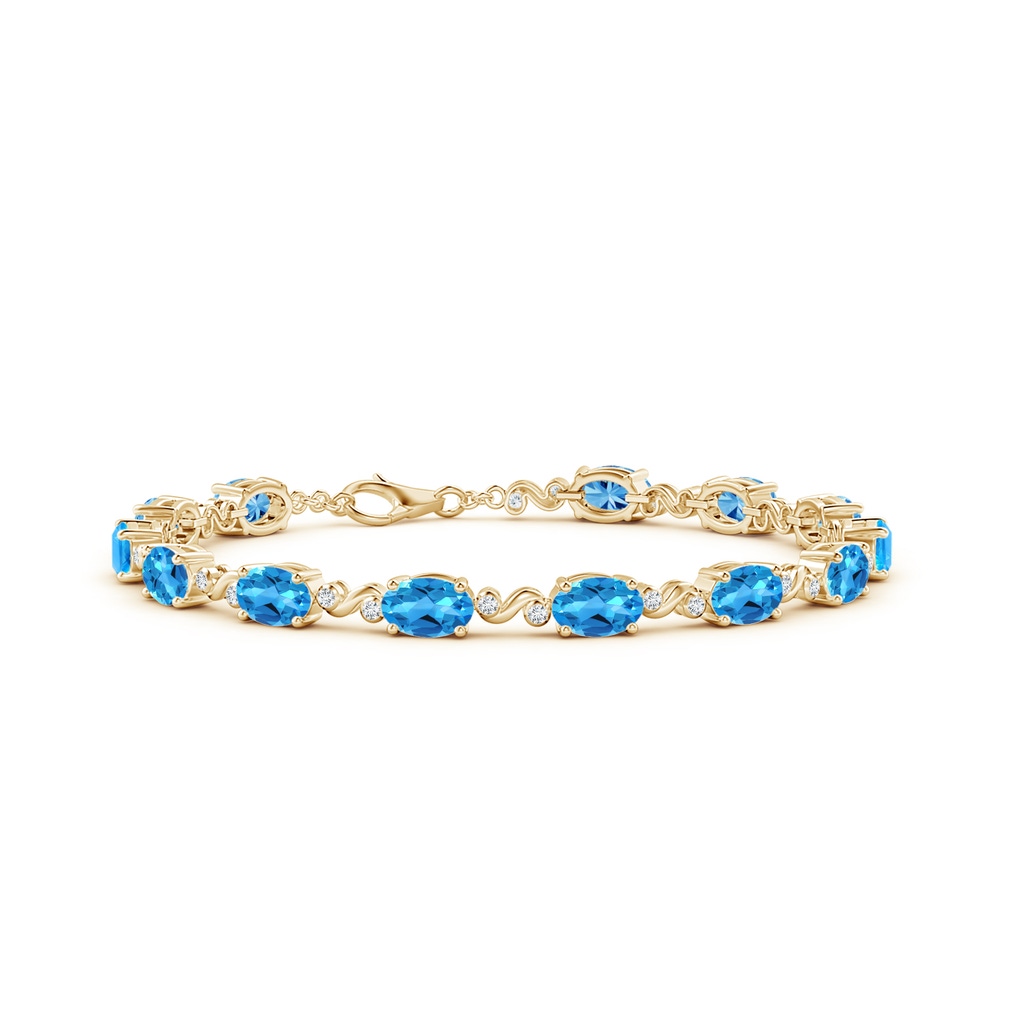 6x4mm AAAA Oval Swiss Blue Topaz Swirl Bracelet with Bezel Diamonds in Yellow Gold