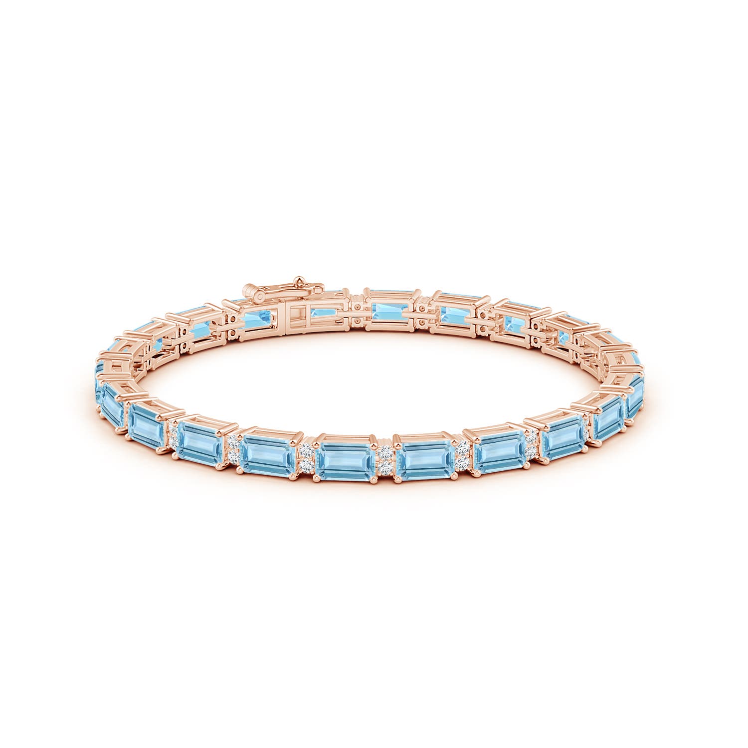 6x4mm AAA Classic Emerald-Cut Aquamarine Bracelet with Diamonds in Rose Gold