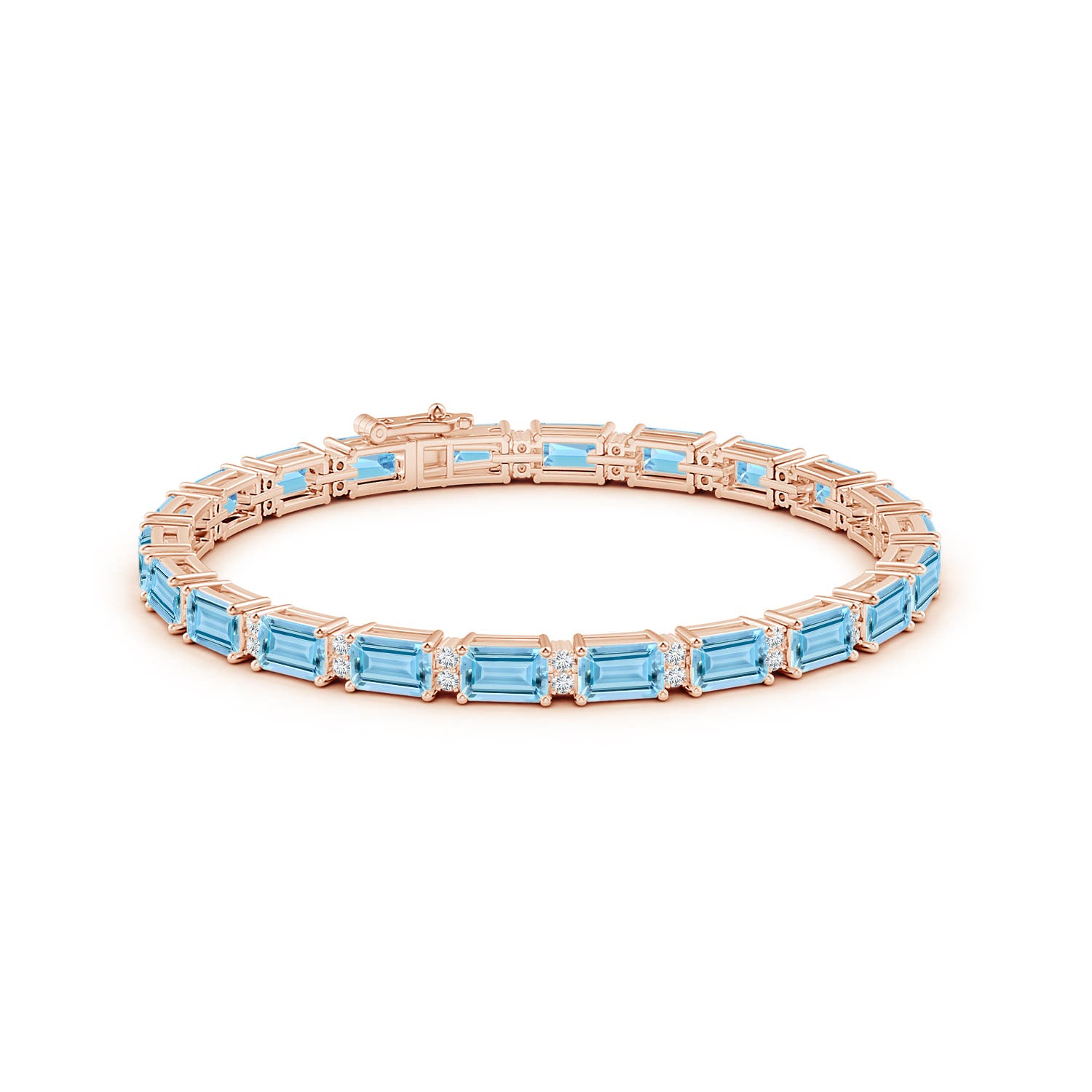 6x4mm AAAA Classic Emerald-Cut Aquamarine Bracelet with Diamonds in Rose Gold
