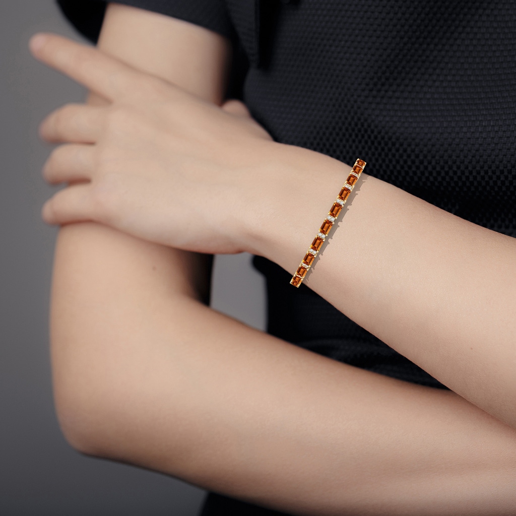 6x4mm AAAA Classic Emerald-Cut Citrine Bracelet with Diamonds in Yellow Gold - body_hand