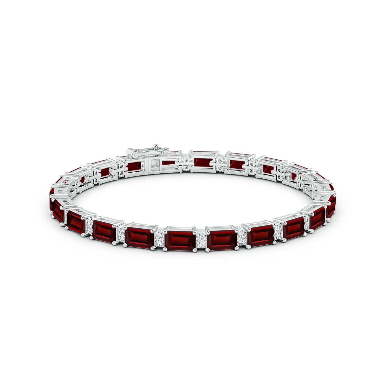 6x4mm AAA Classic Emerald-Cut Garnet Bracelet with Diamonds in White Gold - side 1