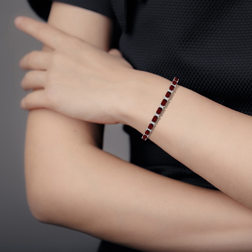 6x4mm AAA Classic Emerald-Cut Garnet Bracelet with Diamonds in White Gold - body_hand