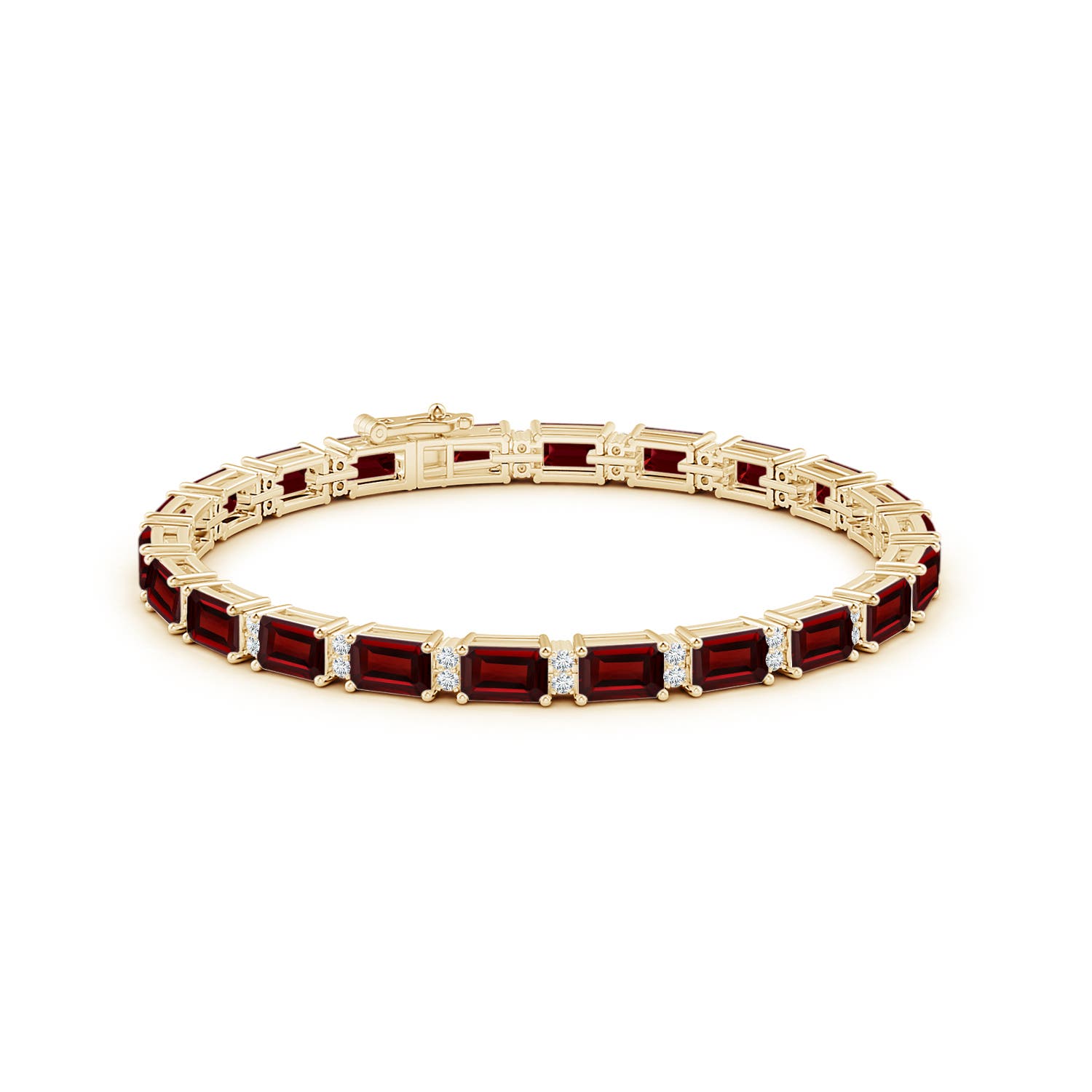 6x4mm AAA Classic Emerald-Cut Garnet Bracelet with Diamonds in Yellow Gold