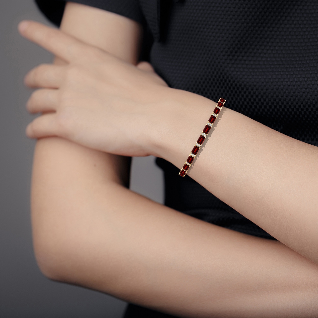 6x4mm AAAA Classic Emerald-Cut Garnet Bracelet with Diamonds in Yellow Gold - body_hand