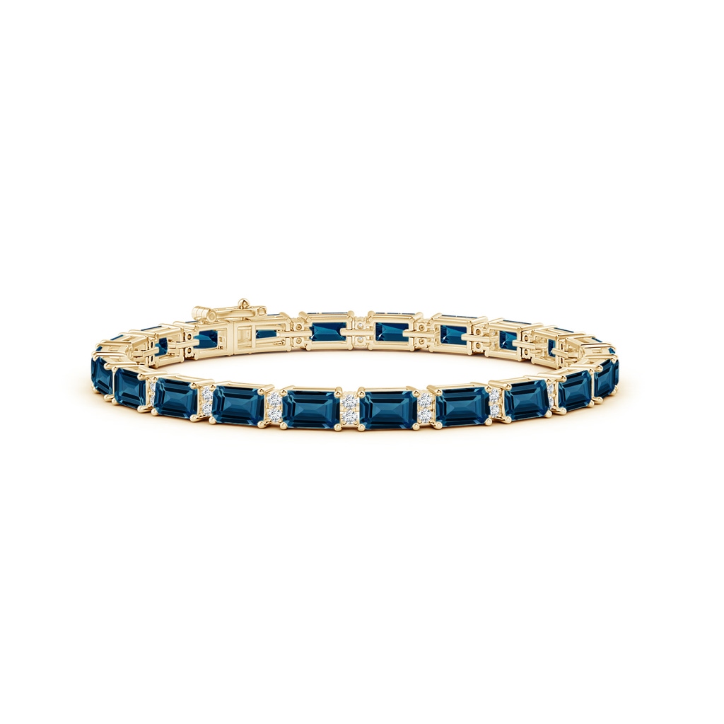 6x4mm AAAA Classic Emerald-Cut London Blue Topaz Bracelet with Diamonds in Yellow Gold