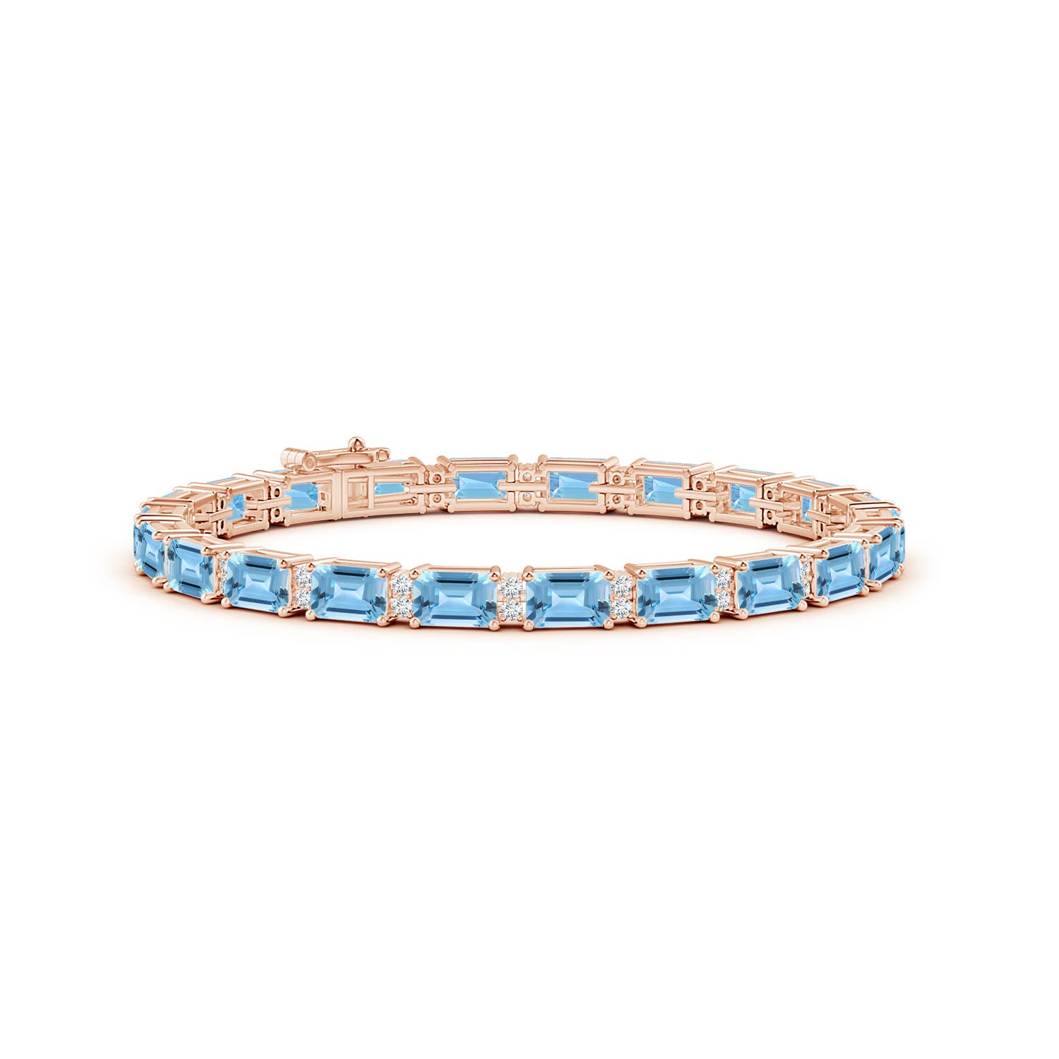 6x4mm A Classic Emerald-Cut Swiss Blue Topaz Bracelet with Diamonds in Rose Gold