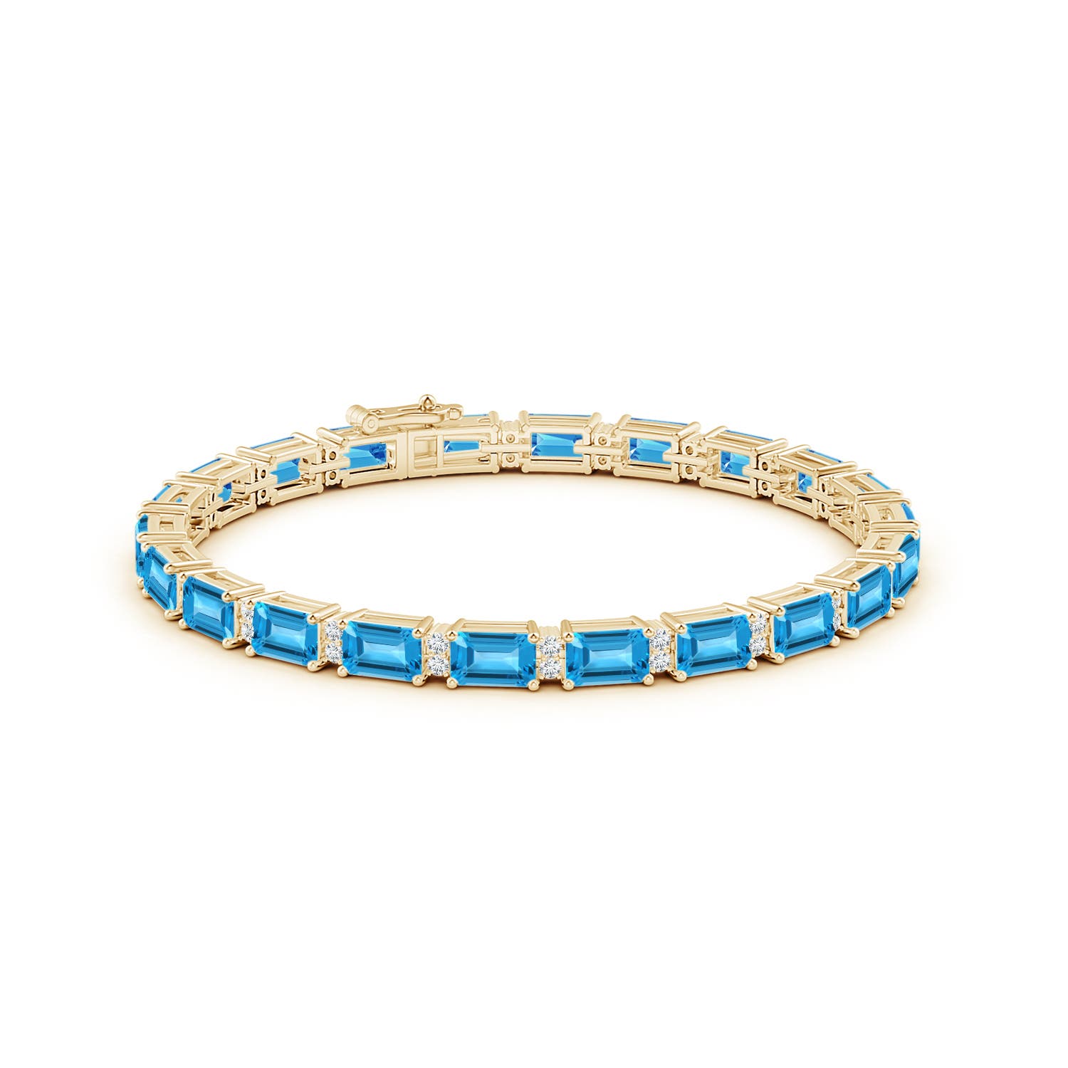 6x4mm AAA Classic Emerald-Cut Swiss Blue Topaz Bracelet with Diamonds in Yellow Gold