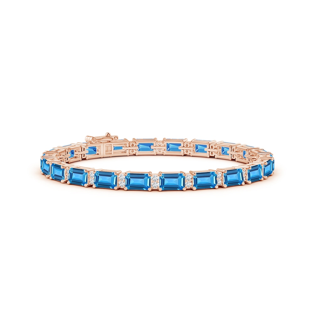 6x4mm AAAA Classic Emerald-Cut Swiss Blue Topaz Bracelet with Diamonds in Rose Gold