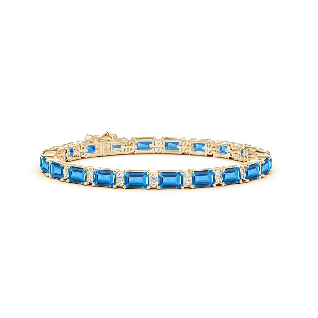 6x4mm AAAA Classic Emerald-Cut Swiss Blue Topaz Bracelet with Diamonds in Yellow Gold