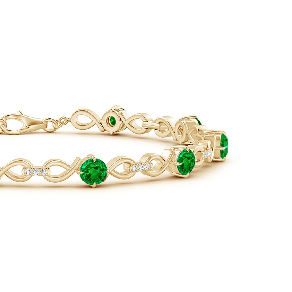 4mm AAAA Emerald and Diamond Infinity Link Bracelet in Yellow Gold Side 1