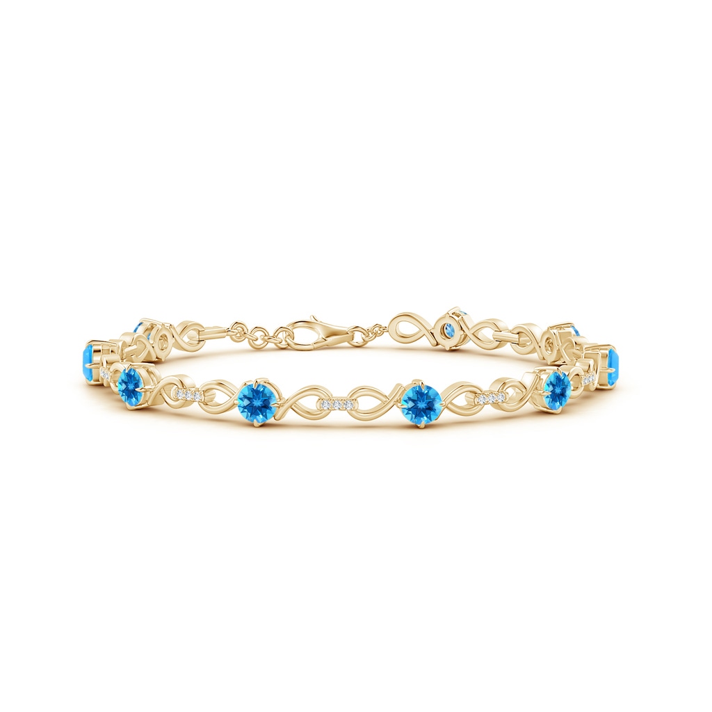 4mm AAAA Swiss Blue Topaz and Diamond Infinity Link Bracelet in Yellow Gold