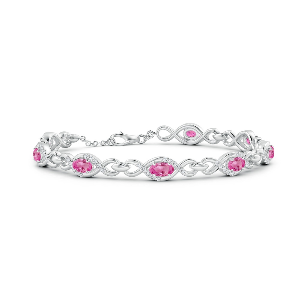 5x3mm AAA Oval Pink Sapphire Infinity Link Bracelet with Diamonds in White Gold