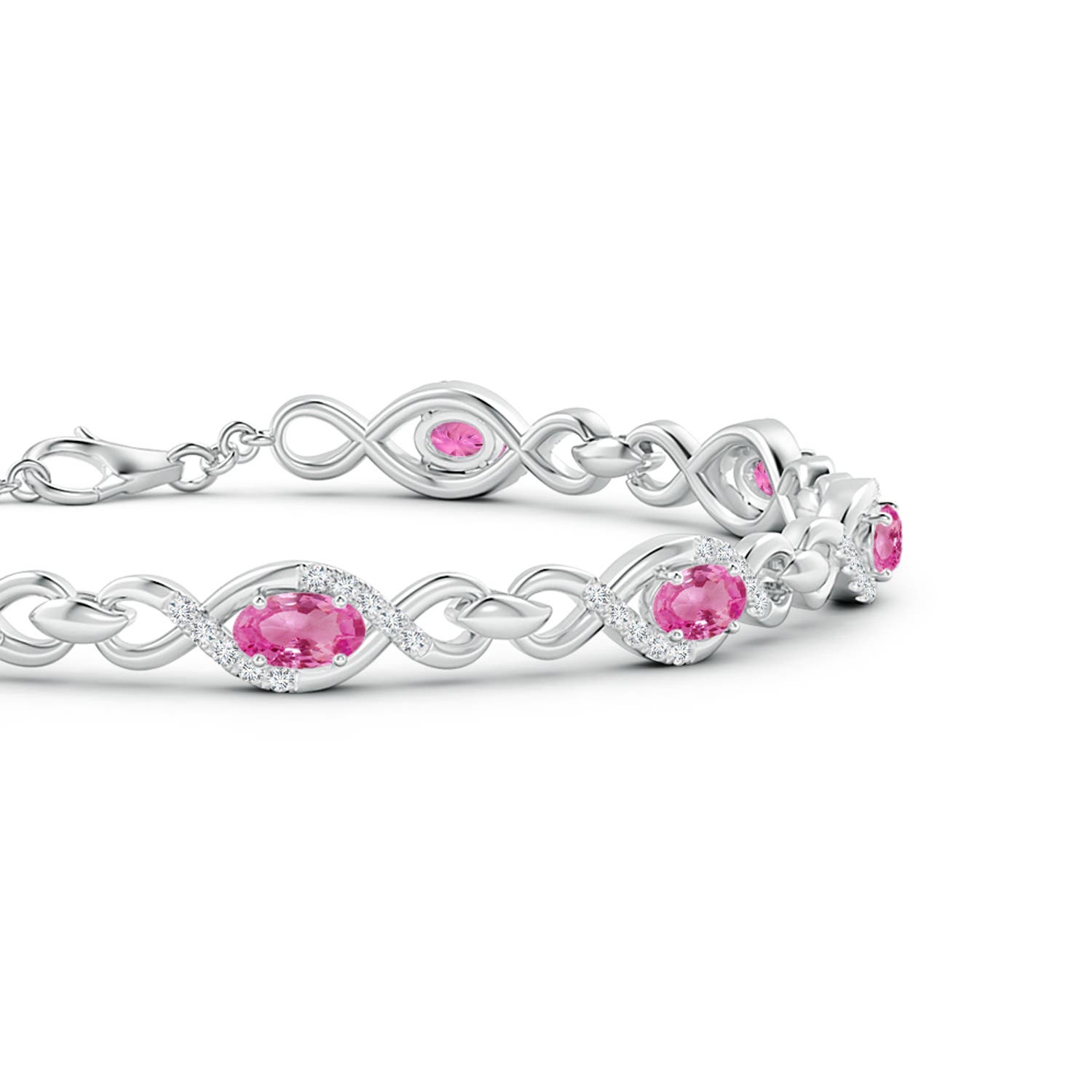 5x3mm AAA Oval Pink Sapphire Infinity Link Bracelet with Diamonds in White Gold - side 1