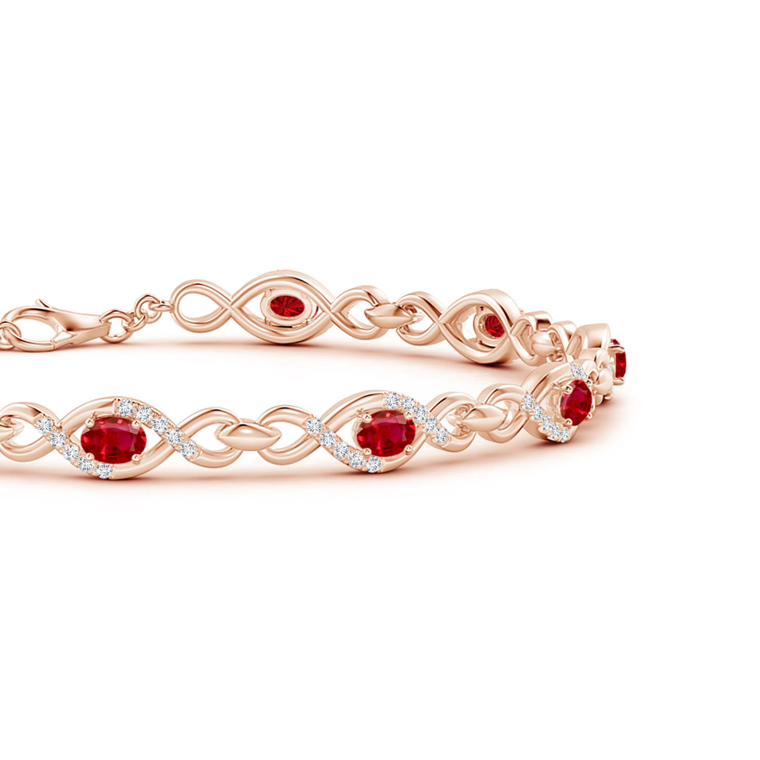 4x3mm AAA Oval Ruby Infinity Link Bracelet with Diamonds in Rose Gold
