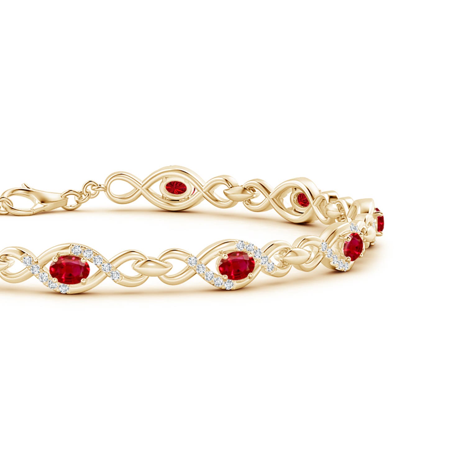 4x3mm AAA Oval Ruby Infinity Link Bracelet with Diamonds in Yellow Gold - side 1
