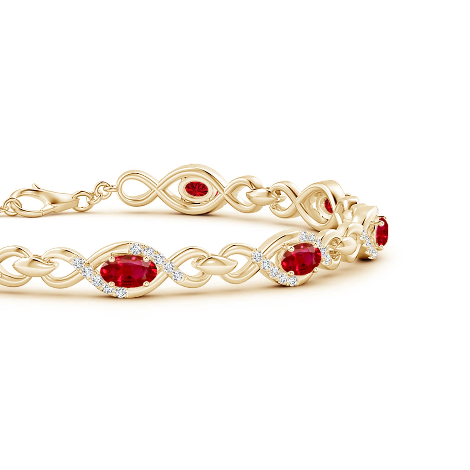 5x3mm AAA Oval Ruby Infinity Link Bracelet with Diamonds in Yellow Gold