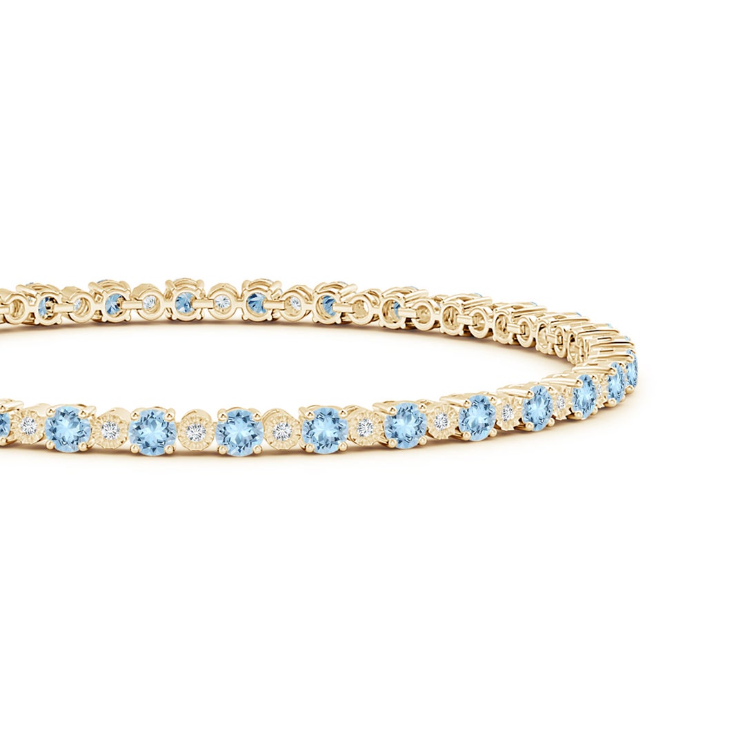 3mm AAA Aquamarine and Illusion Diamond Tennis Bracelet in Yellow Gold - side 1