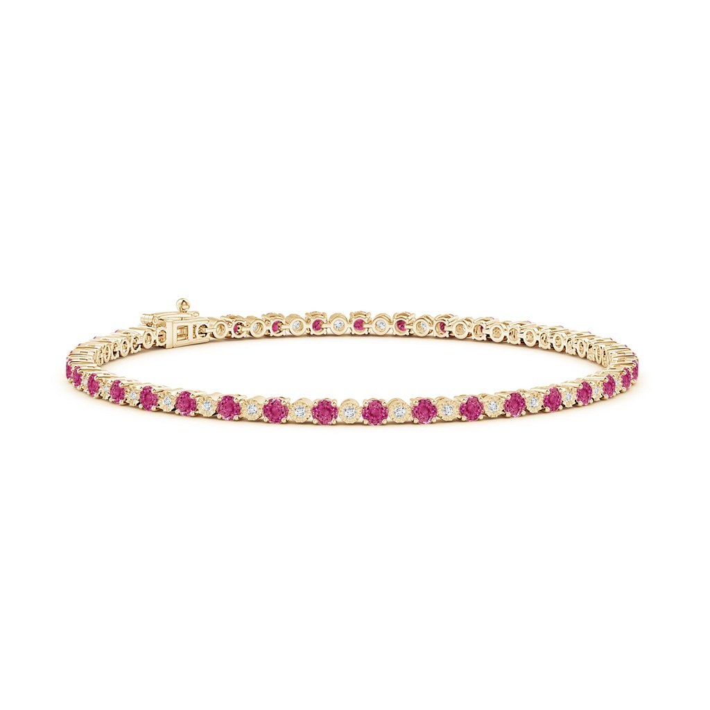 2.5mm AAAA Pink Sapphire and Illusion Diamond Tennis Bracelet in Yellow Gold